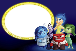 Moldura Personagens - Divertidamente Inside Out Emoções Divertida Mente (Alegria, Tristeza, Medo, Raiva, Nojinho, Ansiedade), moldura oval amarela borda estrelada, fundo azul escuro.