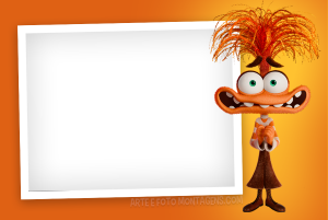 Moldura Personagens - Divertidamente Ansiedade Anxiety Ansiedade Divertida Mente 2, mãos juntas, moldura retangular borda branca (polaroid), fundo laranja.