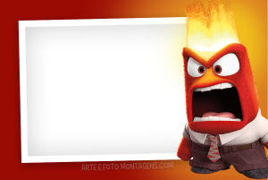 Moldura Personagens - Divertidamente Raiva Anger Raiva Divertida Mente gritando, fogo cabeça, moldura retangular borda branca (polaroid), fundo vermelho laranja.