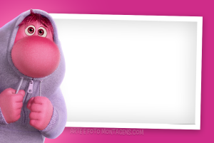 Moldura Personagens - Divertidamente Vergonha Embarrassment Vergonha Divertida Mente 2 encolhido capuz, moldura retangular borda branca (polaroid), fundo rosa.