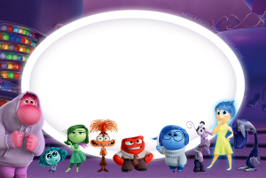 Moldura Personagens - Divertidamente2 Insideout2 Todas emoções Divertida Mente 2, moldura oval branca borda roxa listrada, fundo sala comando.