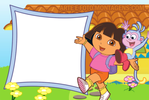 Moldura Personagens - Dora Aventureira Dora Aventureira, Botas ombro, acenando, moldura roxa distorcida, fundo paisagem flores casa.