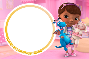 Moldura Personagens - Doutora Brinquedos Doutora Brinquedos, Lambie, Felpudo, moldura circular amarela clara, fundo rosa losangos.