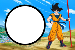 Moldura Personagens - Dragon Ball Goku Goku Dragon Ball, pose luta, bastão mágico, moldura circular borda branca, fundo paisagem montanhas.