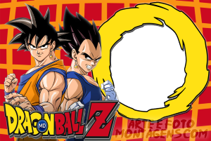 Moldura Personagens - Dragon Ball Z Goku Goku e Vegeta Dragon Ball Z, logo anime, moldura amarela irregular, fundo laranja quadriculado.