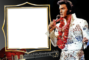 Moldura Personagens - Elvis Presley Elvis Presley cantando, roupa branca, guitarra, moldura retangular bege borda dourada, fundo cinza escuro.