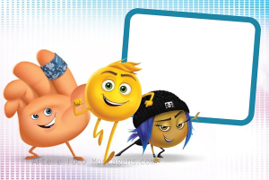 Moldura Personagens - Emoji Emojis Gene, High Five, Jailbreak (Emoji Filme), moldura retangular azul cantos arredondados, fundo branco pixels.