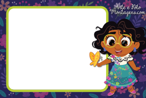 Moldura Personagens - Encanto Mirabel Pequena Mirabel Madrigal (Encanto) chibi, borboleta amarela, moldura retangular borda verde limão, fundo roxo flores.