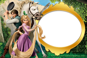 Moldura Personagens - Enrolados Rapunzel, Flynn Rider, Maximus (Enrolados), moldura oval dourada ornamentada, fundo floresta.