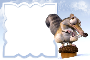 Moldura Personagens - Era Do Gelo Scrat Esquilo Esquilo Scrat (Era do Gelo), noz, moldura azul clara bordas brancas onduladas (gelo), fundo céu nuvens.