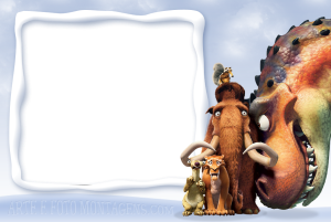 Moldura Personagens - Era Do Gelo Sid Many Diego Scrat Personagens Era do Gelo (Manny, Sid, Diego, Scrat, dinossauro), moldura branca bordas azuis onduladas (gelo), fundo neve.