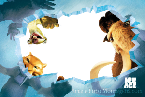 Moldura Personagens - Era Do Gelo Sid Many Diego Sid, Diego, Manny (Era do Gelo) quebrando parede gelo, moldura branca irregular rachada, logo ICE AGE.