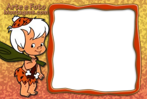 Moldura Personagens - Flinstones Bambam Bam-Bam Flintstones, porrete, moldura retangular branca borda laranja preta irregular, fundo texturizado laranja.
