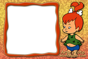Moldura Personagens - Flinstones Pedrita Pedrita Flintstones, vestido verde, moldura bege texturizada borda laranja preta irregular, fundo texturizado laranja.