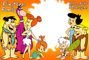 Moldura Personagens - Flinstones Família Flintstone e Rubbles, moldura retangular branca dividida, fundo laranja amarelo.