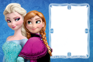 Moldura Personagens - Frozen Anna Elsa Elsa e Anna Frozen, vestidos, moldura retangular vertical azul borda branca gelo, fundo azul gelo.