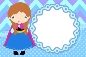 Moldura Personagens - Frozen Baby Anna Anna Frozen chibi, capa rosa, moldura azul clara ondulada, fundo chevron azul lilás poá.