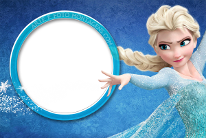 Moldura Personagens - Frozen Elsa Elsa Frozen, vestido gelo, poderes, moldura circular azul, fundo azul flocos neve.