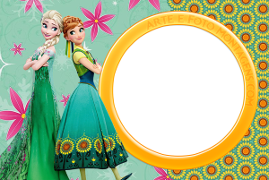 Moldura Personagens - Frozen Fever Elsa e Anna Frozen Febre Congelante, vestidos festa, moldura circular laranja, fundo azul-petróleo flores sóis.