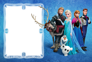 Moldura Personagens - Frozen Elenco Frozen (Kristoff, Sven, Elsa, Anna, Hans, Olaf), moldura retangular vertical branca borda azul gelo, fundo azul gelo.