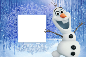 Moldura Personagens - Frozen Olaf Olaf Frozen sorrindo, moldura retangular branca borda azul, fundo azul pingentes gelo ornamentos neve.