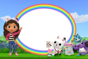 Moldura Personagens - Gabby Casa Magica Dollhouse 2 Gabby acenando, Pandy, Bebê Caixa, Carlita, Gatuno (Casa Mágica Gabby), jardim, moldura oval branca borda arco-íris.