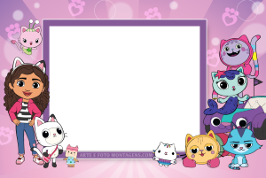 Moldura Personagens - Gabby Casa Magica Dollhouse Gabby e gatos (Casa Mágica Gabby), moldura retangular borda roxa, fundo lilás patas corações raios.