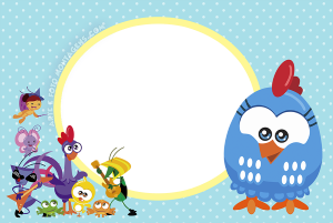 Moldura Personagens - Galinha Mini Baby 2 Pintinho Amarelinho, Galinha Pintadinha, Galo Carijó (Galinha Mini), gramado, moldura circular amarela, fundo céu amarelo.