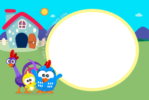 Moldura Personagens - Galinha Mini Baby 3 Baratinha cantora, Sapo Cururu, Borboletinha (Galinha Mini), fazenda, moldura circular vermelha.