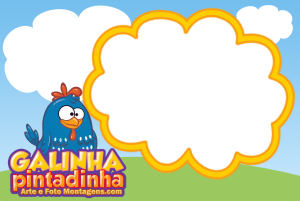 Moldura Personagens - Galinha Pintadinha 1 Galinha Pintadinha, logo oficial, moldura branca formato nuvem borda laranja, fundo céu nuvens gramado.
