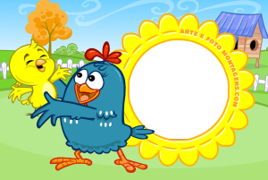 Moldura Personagens - Galinha Pintadinha 3 Galinha Pintadinha sorrindo, moldura laranja formato irregular borda amarela, fundo céu grama arco-íris.