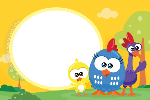 Moldura Personagens - Galinha Pintadinha Baby 1 Galinha Pintadinha, Pintinho, Galo, casinha azul, moldura circular amarela clara, fundo gramado céu sol.
