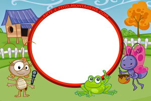 Moldura Personagens - Galinha Pintadinha Baratinha Sapo Borboletinha Galinha Pintadinha azul, turma (Galo, Pintinho, Baratinha, Borboletinha, sapos), moldura circular amarela, fundo azul poá.