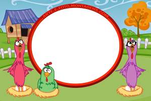 Moldura Personagens - Galinha Pintadinha Galinhas Cantoras Três galinhas cantoras (Galinha Pintadinha), ninhos, fazenda, moldura circular vermelha.