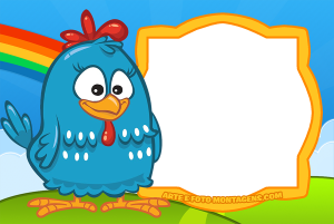 Moldura Personagens - Galinha Pintadinha2 Galinha Pintadinha e Pintinho dançando, moldura amarela formato girassol, cenário fazenda.