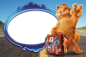Moldura Personagens - Garfield Estrada Viagem Gato Garfield acenando, mala viagem adesivos, moldura oval azul escura borda prateada, estrada deserto.