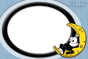 Moldura Personagens - Gato Felix Gato Felix deitado lua crescente amarela, moldura oval preta dividida, fundo azul texturizado.