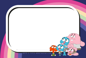 Moldura Personagens - Gumball Família Watterson (Gumball), moldura retangular preta borda branca, fundo roxo escuro arco-íris.