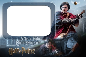 Moldura Personagens - Harry Potter Harry Potter quadribol, varinha, logo, moldura retangular preta, cenário Hogwarts céu estrelado.