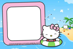 Moldura Personagens - Hello Kitty Praia Ferias Hello Kitty praia, boia, gatinho areia, moldura retangular rosa claro borda rosa, cenário praia coqueiros.