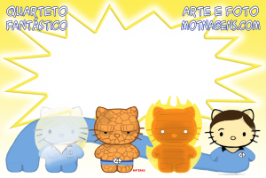 Moldura Personagens - Hello Kitty Quarteto Fantastico Hello Kittys Quarteto Fantástico, moldura amarela formato explosão, fundo amarelo raios.