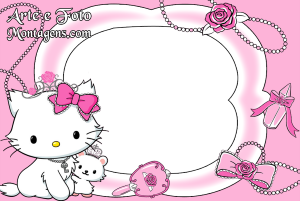 Moldura Personagens - Hello Kitty Hello Kitty princesa, coroa, ursinho, moldura preta formato 'B', borda rosa, decoração pérolas rosas, fundo rosa.