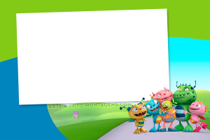 Moldura Personagens - Henry Monstrinho Família Henry Monstrinho acenando, moldura retangular branca grande, fundo formas abstratas verde azul.