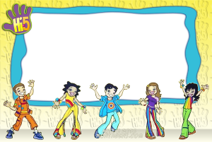 Moldura Personagens - Hi5 Membros Hi-5 animados dançando, moldura azul irregular, fundo amarelo logo Hi5.