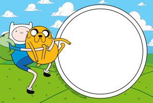 Moldura Personagens - Hora De Aventura Finn carregando Jake (Hora de Aventura), moldura circular preta borda branca, fundo gramado céu.