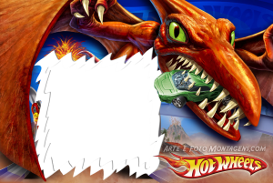 Moldura Personagens - Hot Wheels Dinossauro Pterodátilo Hot Wheels abocanhando carrinho, moldura branca bordas serrilhadas, logo Hot Wheels, vulcões.