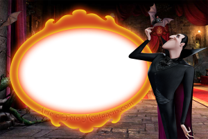 Moldura Personagens - Hotel Transylvania Drácula Hotel Transilvânia, morceguinho, moldura oval laranja brilhante, salão castelo.