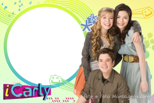 Moldura Personagens - Icarly Carly, Sam, Freddie (iCarly), logo série, moldura circular degradê verde azul, fundo amarelo verde.