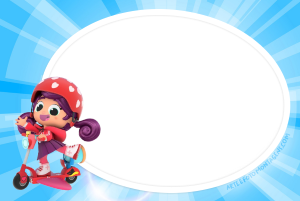 Moldura Personagens - Increditales Ruby Patinete Iris (True Reino Arco-Íris) patinete, capacete cogumelo, moldura oval branca borda preta, fundo azul raios.