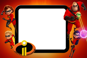 Moldura Personagens - Incriveis 2 Família Pêra Incríveis 2, ação, logo filme, moldura preta cantos arredondados, fundo vermelho laranja raios.